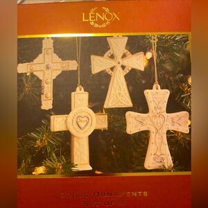 Lenox Crosses ornaments set of 4 gilded ivory and gold tassel hang cords NIB